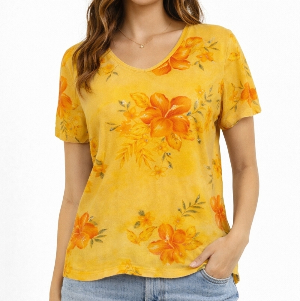 3/$30 BASIC EDITIONS Canary Yellow Tropical Floral Sequin T-shirt